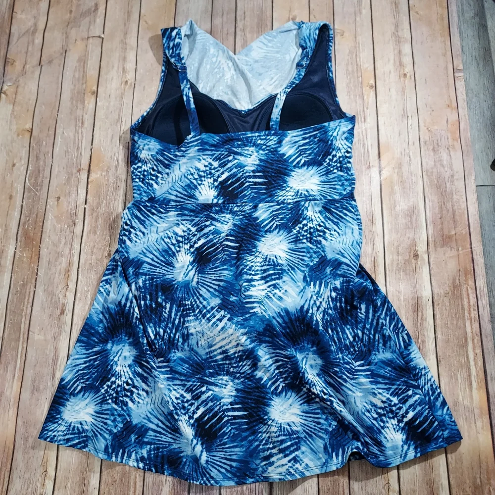 Lands End blue and white surplice swim dress 18